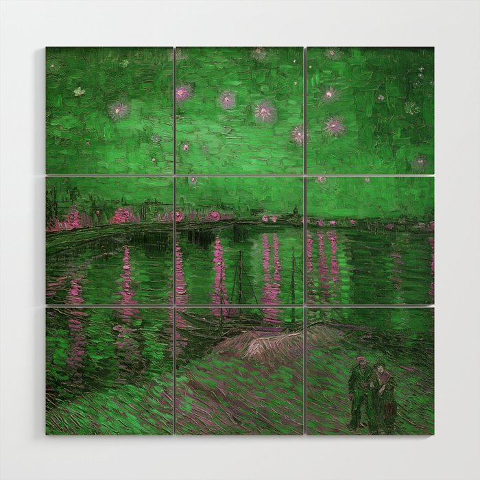 Starry Night Over the Rhone landscape painting by Vincent van Gogh in alternate emerald green with pink stars Wood Wall Art