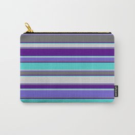 [ Thumbnail: Eye-catching Indigo, Turquoise, Light Gray, Slate Blue, and Dim Grey Colored Striped Pattern Carry-All Pouch ]