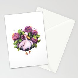 Cute duck in purple flowers hydrangea traditional illustration Stationery Cards
