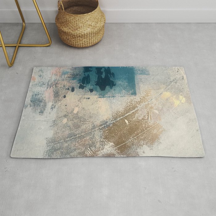Embrace: a minimal, abstract mixed-media piece in blues and gold with a hint of pink Rug
