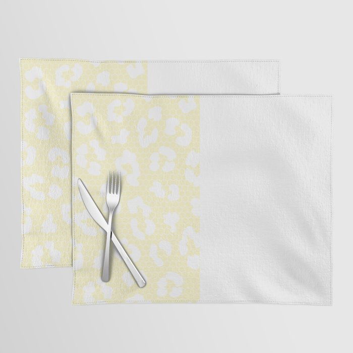 White Leopard Print Lace Vertical Split on Butter Yellow Placemat