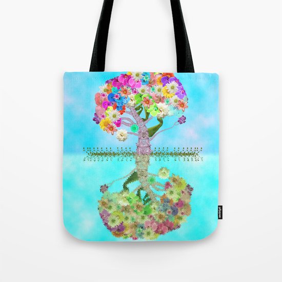 Cute Whimsical Bright Floral Tree Collage Teal Sky Tote Bag