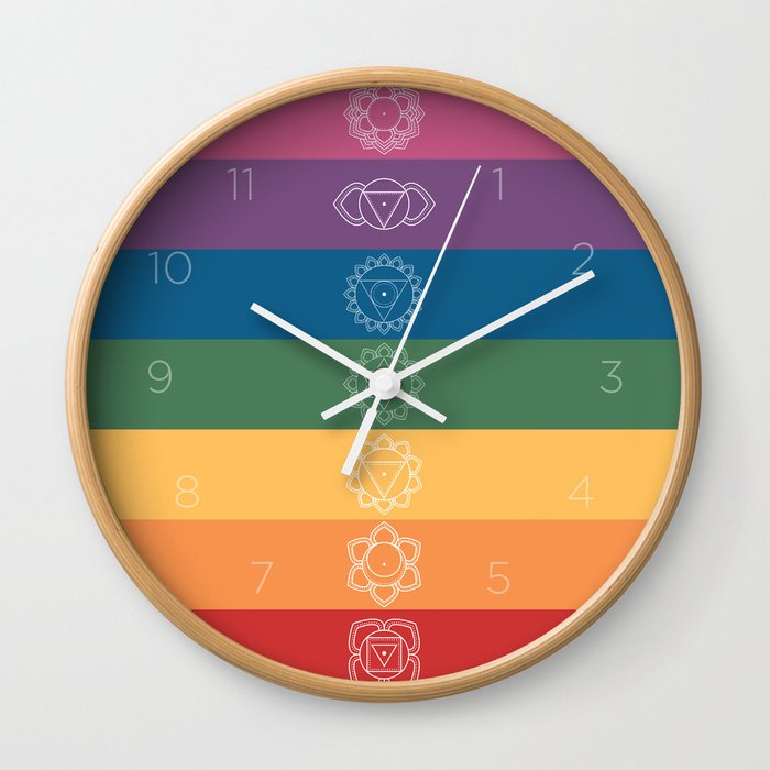 Seven Chakra Mandalas on a Striped Rainbow Color Background Wall Clock