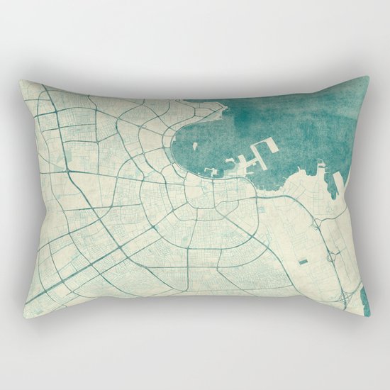 Doha Map Blue Vintage Rectangular Pillow