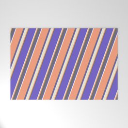 [ Thumbnail: Light Salmon, Dim Grey, Slate Blue, and Beige Colored Lined/Striped Pattern Welcome Mat ]