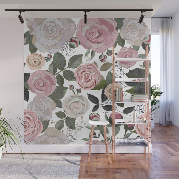 Peony and Roses Pattern Wall Mural by gulsengunel | Society6