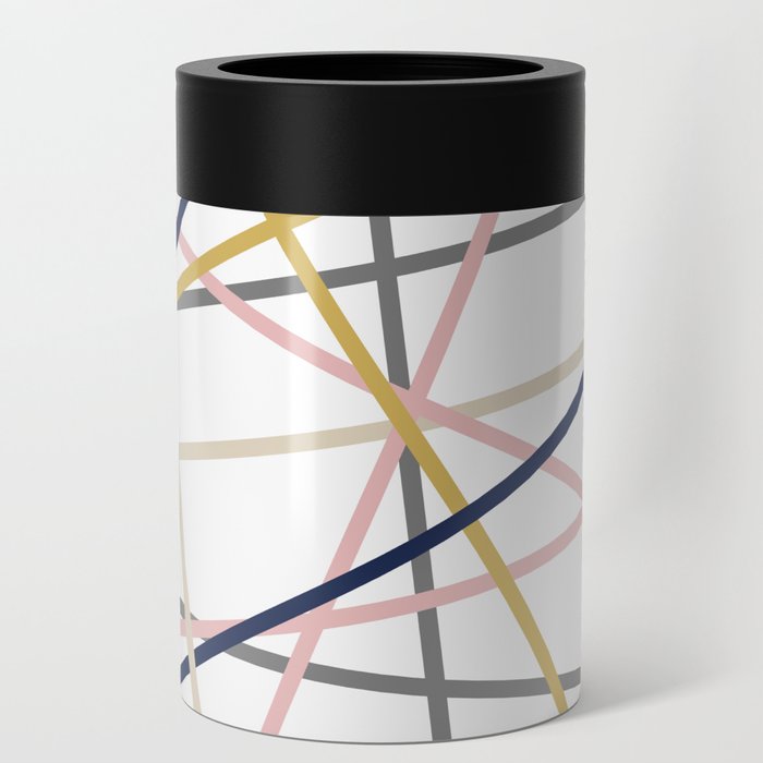 Mesh Abstract - Minimalist Modern Line Pattern in Mustard, Navy, Gray, Pink, and Ivory on White Can Cooler