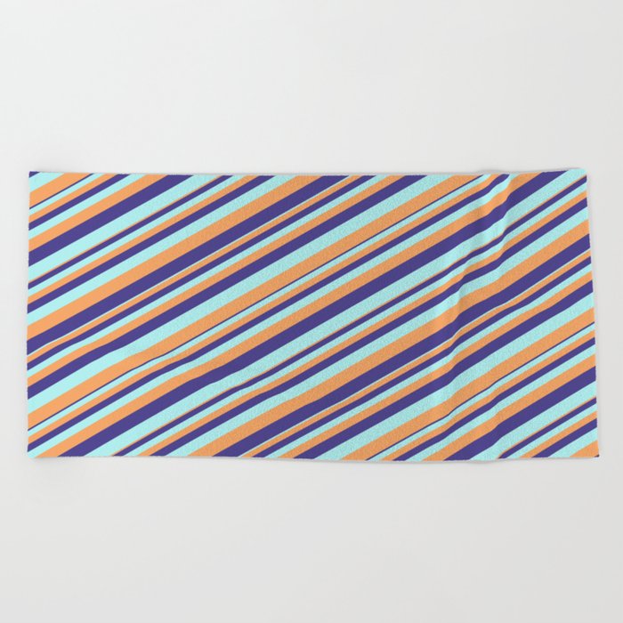 Dark Slate Blue, Turquoise & Brown Colored Stripes/Lines Pattern Beach Towel