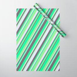 [ Thumbnail: Green, Light Green, Lavender, and Dim Gray Colored Stripes/Lines Pattern Wrapping Paper ]