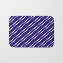 [ Thumbnail: Midnight Blue, Orchid, and Beige Colored Lined Pattern Bath Mat ]