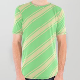 [ Thumbnail: Light Green and Pale Goldenrod Colored Lined/Striped Pattern All Over Graphic Tee ]