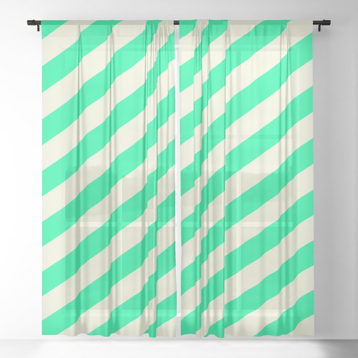 Green and Beige Colored Lines/Stripes Pattern Sheer Curtain