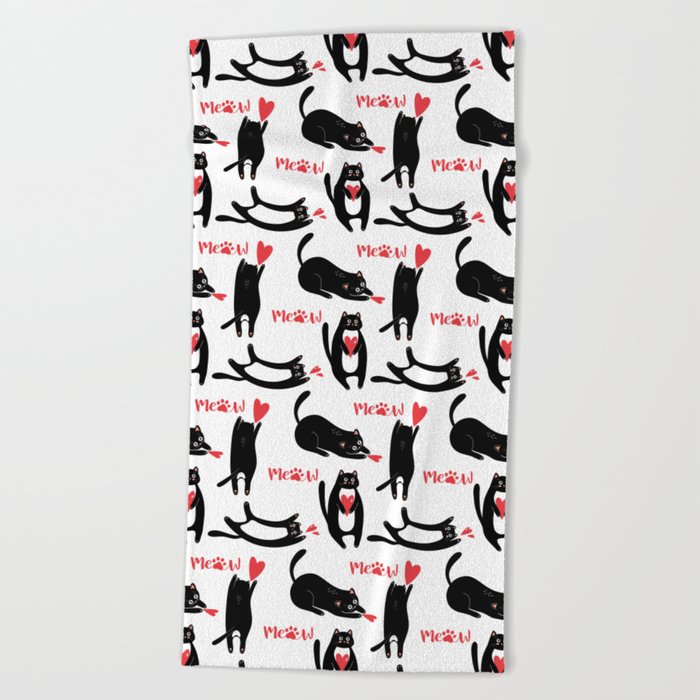 Cute black cats playing with hearts and meow Beach Towel