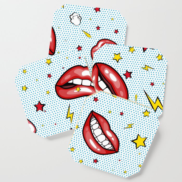 Seamless pattern cartoon comic super speech bubble labels with text, sexy open red lips with teeth, retro pop art illustration, halftone dot vintage effect background Coaster