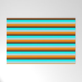 [ Thumbnail: Eyecatching Cyan, Powder Blue, Dark Orange, Brown, and Black Colored Striped Pattern Welcome Mat ]