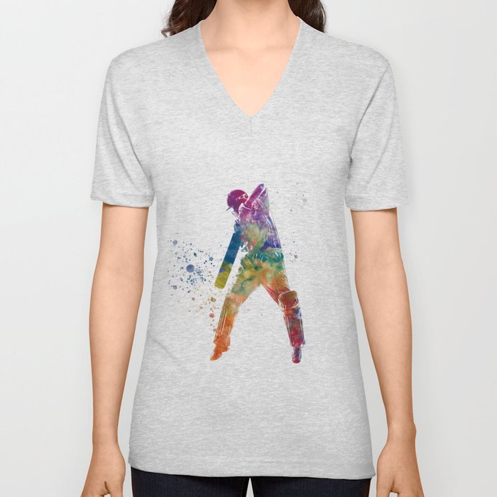 Watercolor cricket player V Neck T Shirt