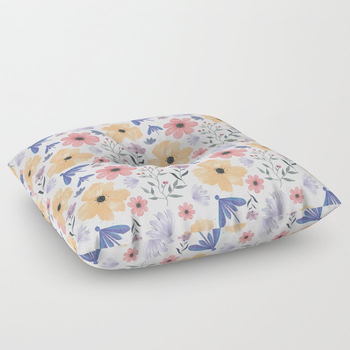Pink and Orange Floral Pattern with Dragonflies Floor Pillow