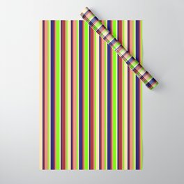 [ Thumbnail: Vibrant Green, Dark Salmon, Brown, Midnight Blue, and Beige Colored Stripes/Lines Pattern Wrapping Paper ]