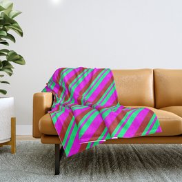 [ Thumbnail: Green, Fuchsia & Red Colored Striped Pattern Throw Blanket ]