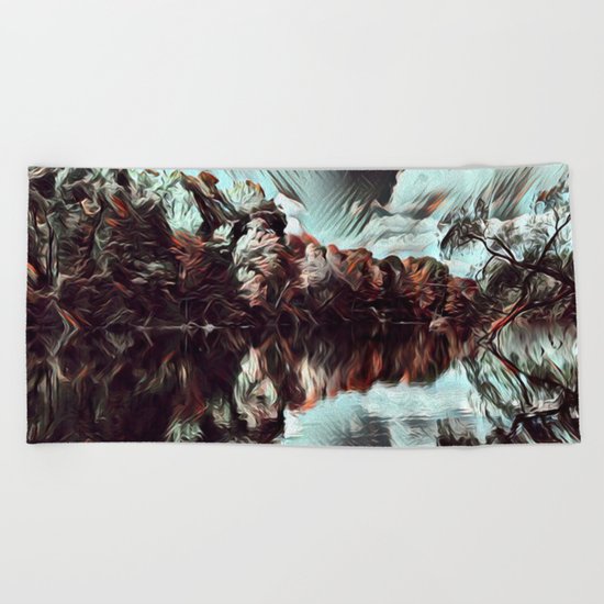 Dark & Eerie Forest on the River (Black & White) Beach Towel