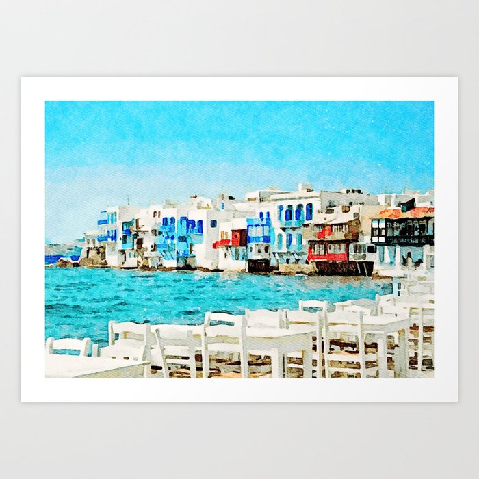 Watercolor Little Venice in Mykonos Art Print
