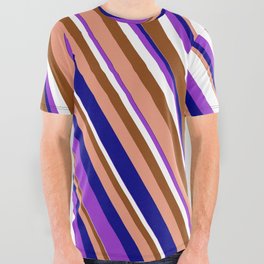 [ Thumbnail: Eye-catching Dark Orchid, White, Brown, Dark Salmon & Blue Colored Stripes Pattern All Over Graphic Tee ]