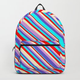 [ Thumbnail: Eyecatching Light Yellow, Plum, Slate Blue, Aqua & Red Colored Stripes/Lines Pattern Backpack ]