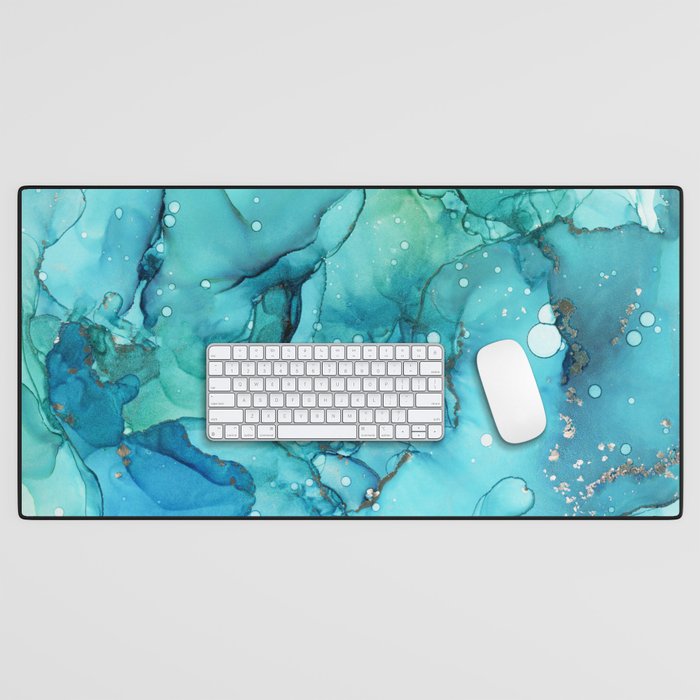 Teal Chrome Flowing Abstract Ink Desk Mat
