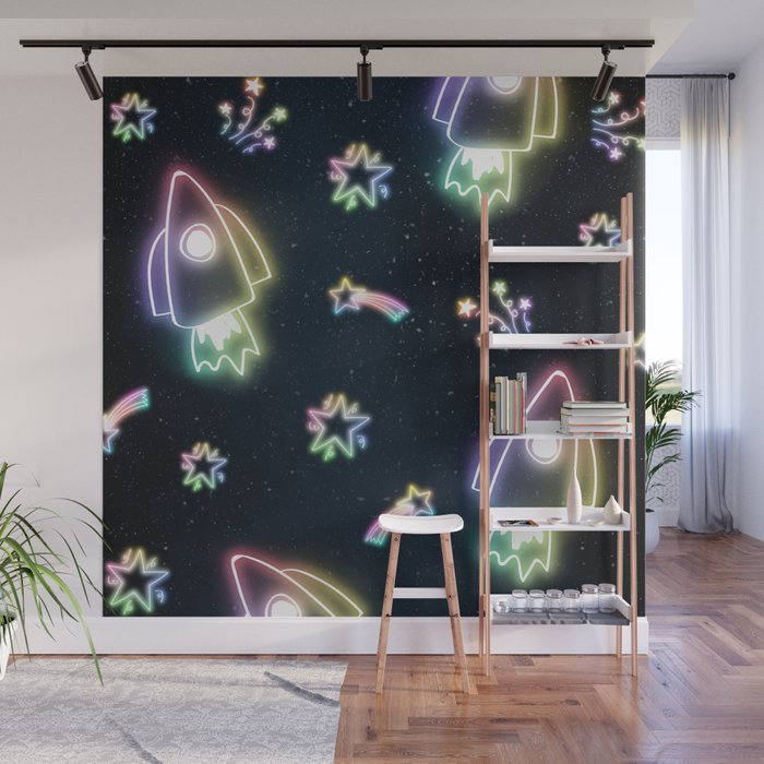 Neon Star and Spacecraft Doodle 2 Wall Mural
