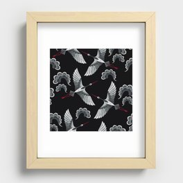 Japanese Ornate Heron Pattern Black & Silver White Recessed Framed Print