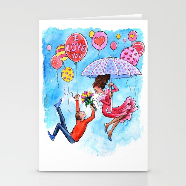 Falling in Love Watercolor Illustration Stationery Cards