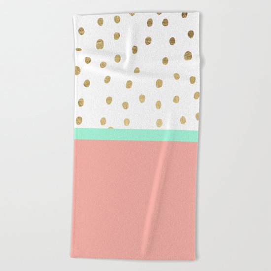 Coral teal color block faux gold foil polka dots pattern Beach Towel