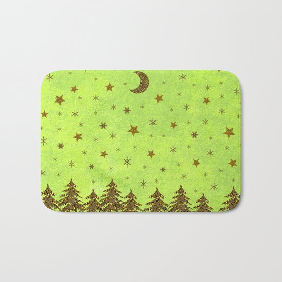 Sparkly Christmas tree, stars, moon on abstract green paper Bath Mat
