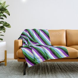 [ Thumbnail: Eye-catching Dark Orchid, White, Light Sky Blue, Forest Green, and Black Colored Stripes Pattern Throw Blanket ]