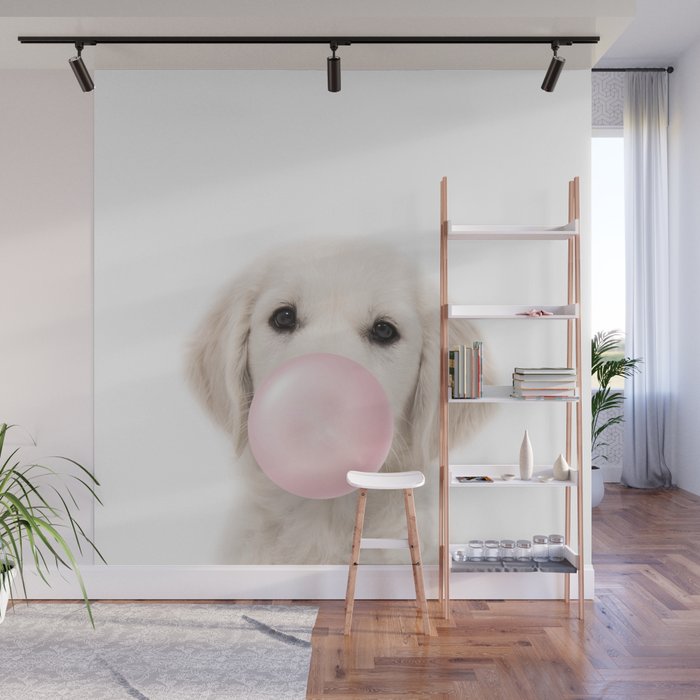 Puppy Labrador, Dog Blowing Bubble Gum, Pink Nursery, Baby Animals Art Print by Synplus Wall Mural