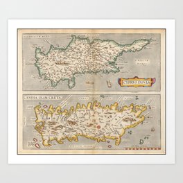 Vintage Map Print - 1573 Maps of Cyprus and Crete Art Print | Antique, Print, Illustration, Mapping, Greece, Poster, Drawing, Cartography, Geography, Cyprus 