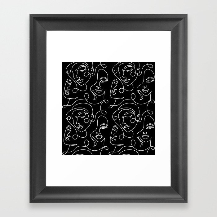 Seamless pattern with abstract faces on black. Framed Art Print