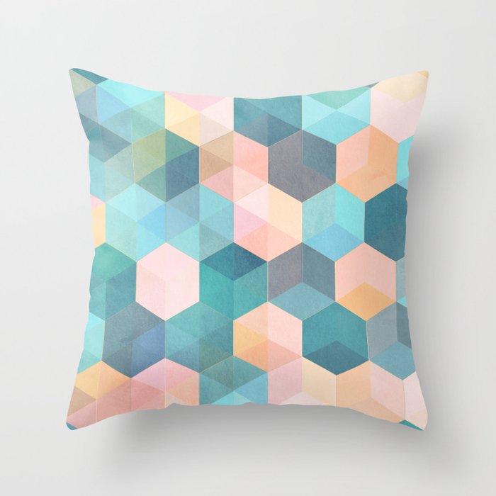 Child's Play 2 - hexagon pattern in soft blue, pink, peach & aqua Throw Pillow