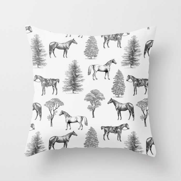HORSES & TREES Black and white pattern  Throw Pillow