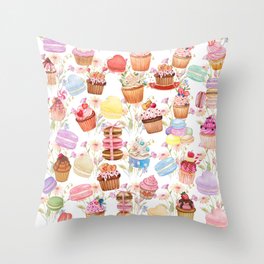 Sweet Cupcakes And Macarons Pattern Design Throw Pillow