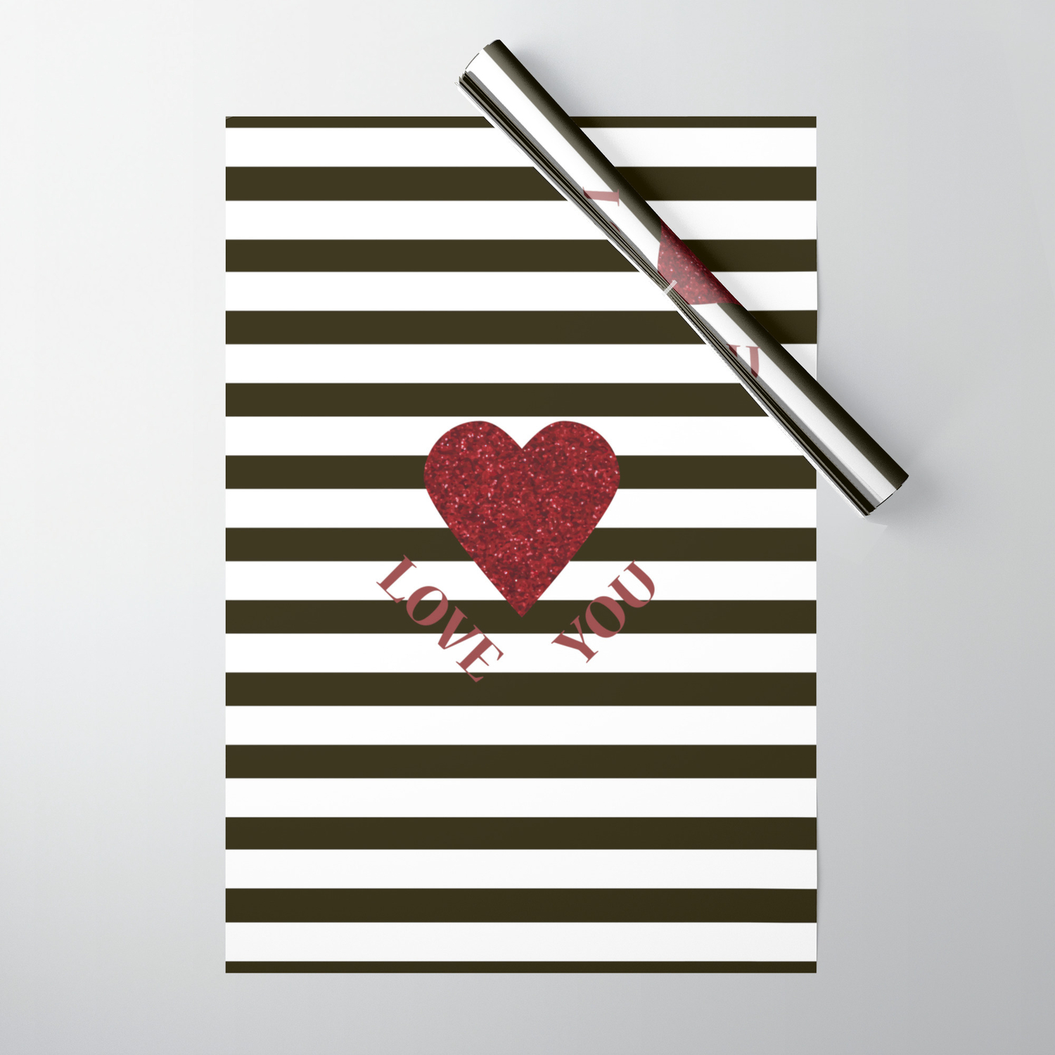 Love You Valentine Print Red Glitter Heart And Black Stripes