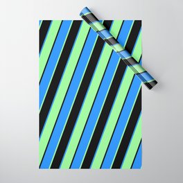 [ Thumbnail: Black, Blue, and Green Colored Striped Pattern Wrapping Paper ]