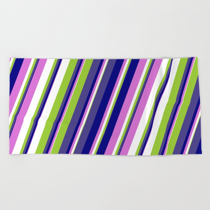 Colorful Green, Dark Slate Blue, Blue, Orchid, and White Colored Stripes Pattern Beach Towel