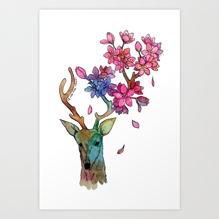 A deer with cherryblossom Art Print