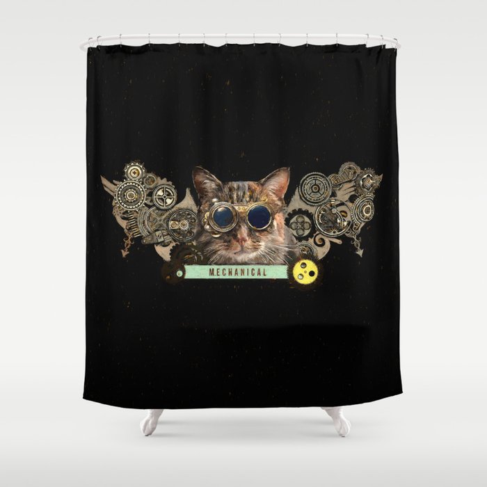 Mechanical Cat Steampunk Shower Curtain