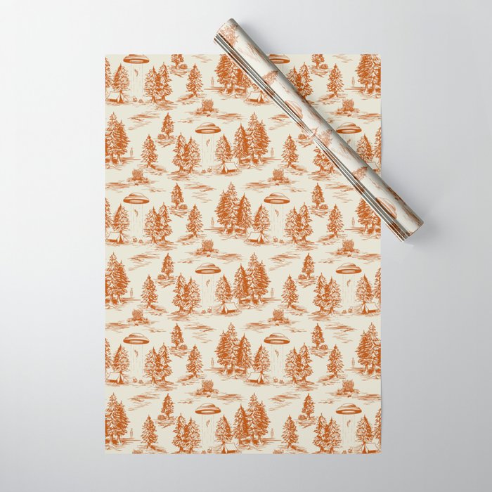 Orange Alien Abduction Toile De Jouy Pattern Wrapping Paper