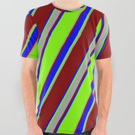 [ Thumbnail: Chartreuse, Dark Gray, Maroon & Blue Colored Lines/Stripes Pattern All Over Graphic Tee ]