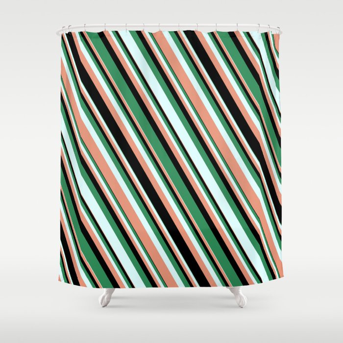 Sea Green, Light Cyan, Dark Salmon, and Black Colored Striped/Lined Pattern Shower Curtain