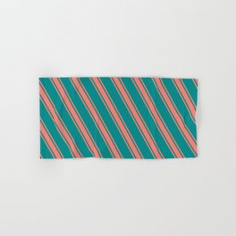 [ Thumbnail: Dark Cyan & Salmon Colored Stripes Pattern Hand & Bath Towel ]