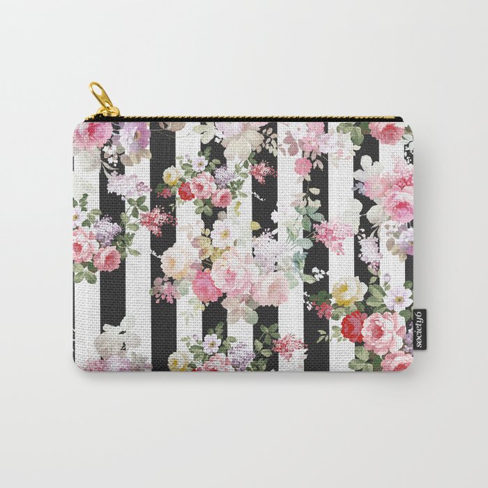 Bold pink watercolor roses floral black white stripes Carry-All Pouch